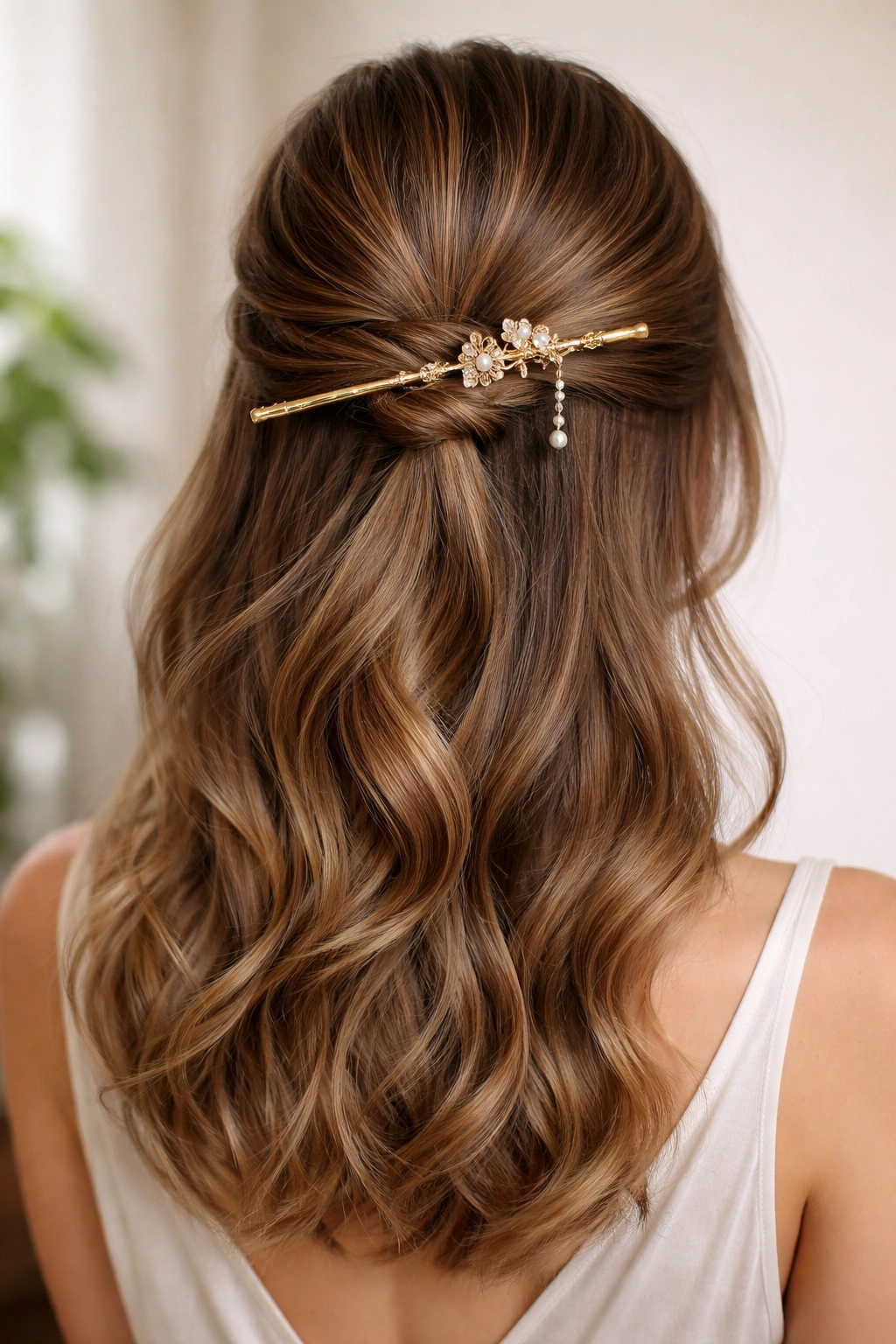 Half-up hairstyle secured with decorative hair stick