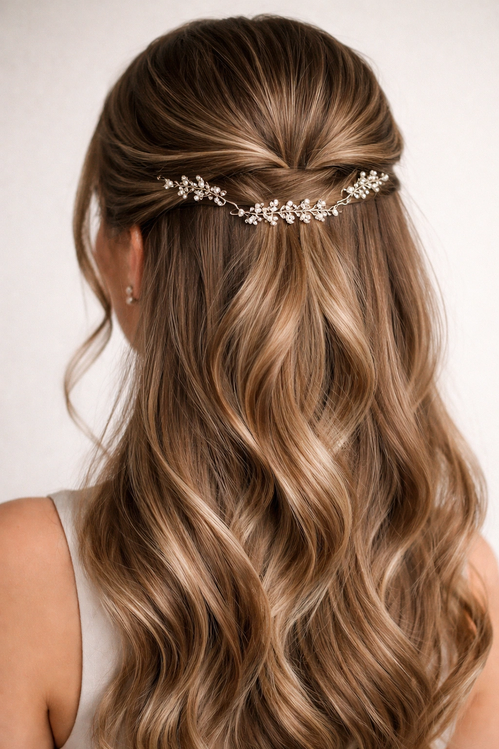 Half-up hairstyle secured with decorative pins along the crown