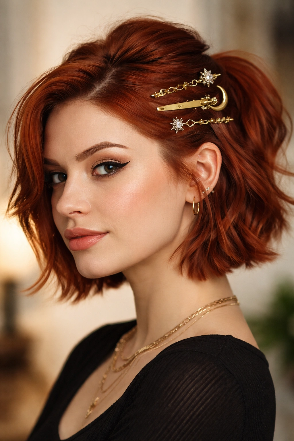 Short red hair with decorative pins and clips in half-up