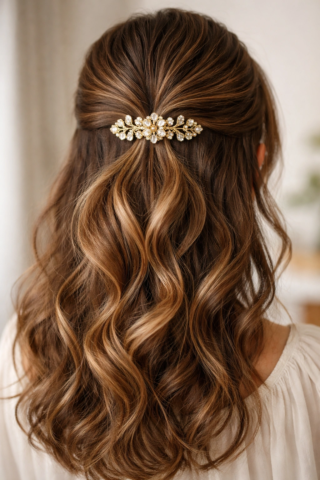 Close-up of half-up hairstyle with decorative clip at base of ponytail on wavy hair