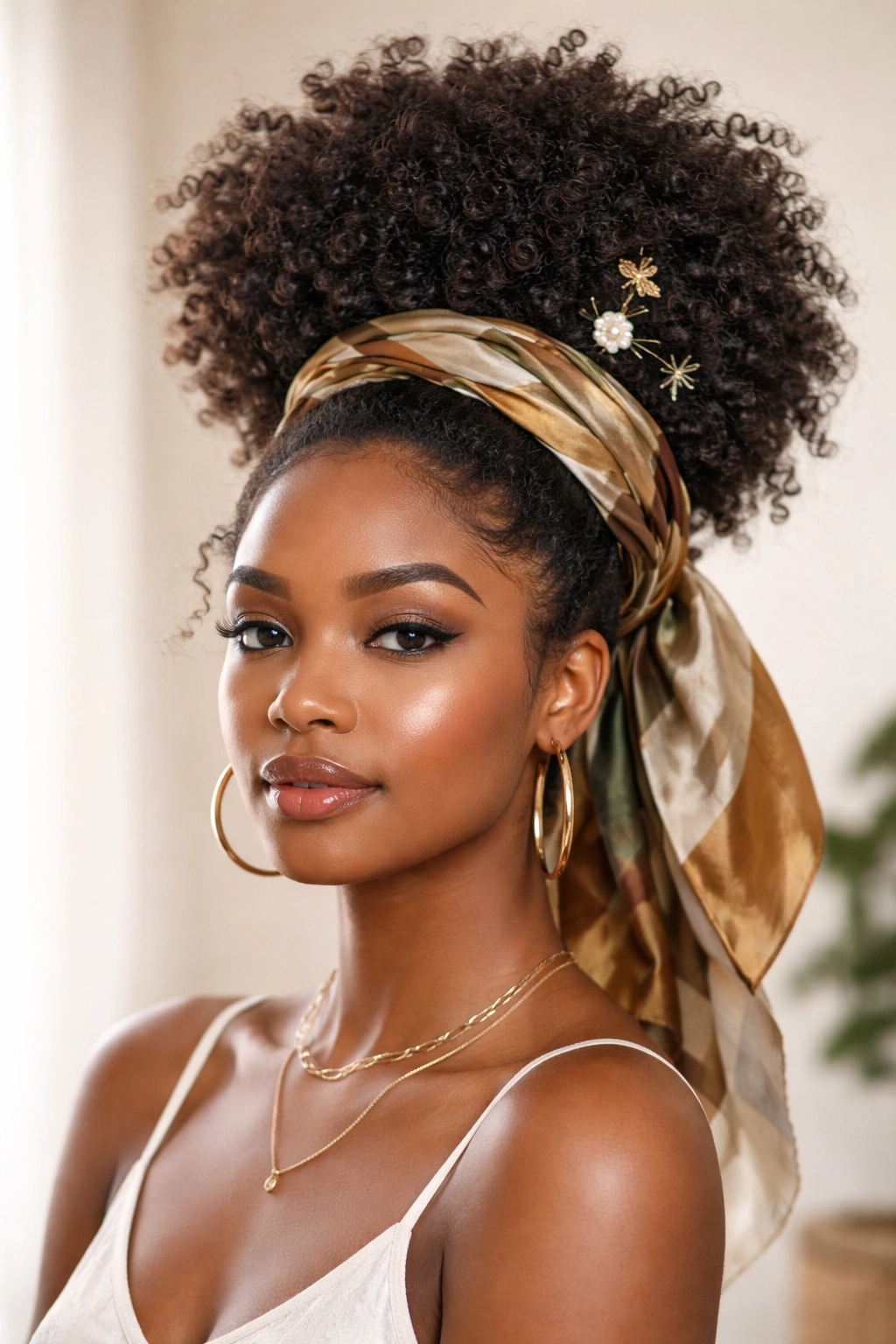 High protective puff with metallic cuff and scarf on natural hair