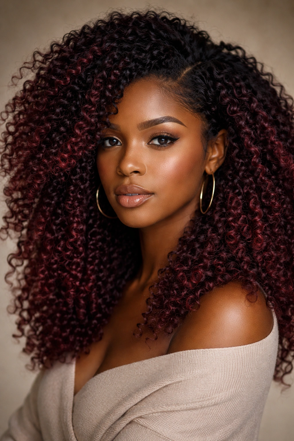 Close-up of deep burgundy coily hair showing depth and color gradient