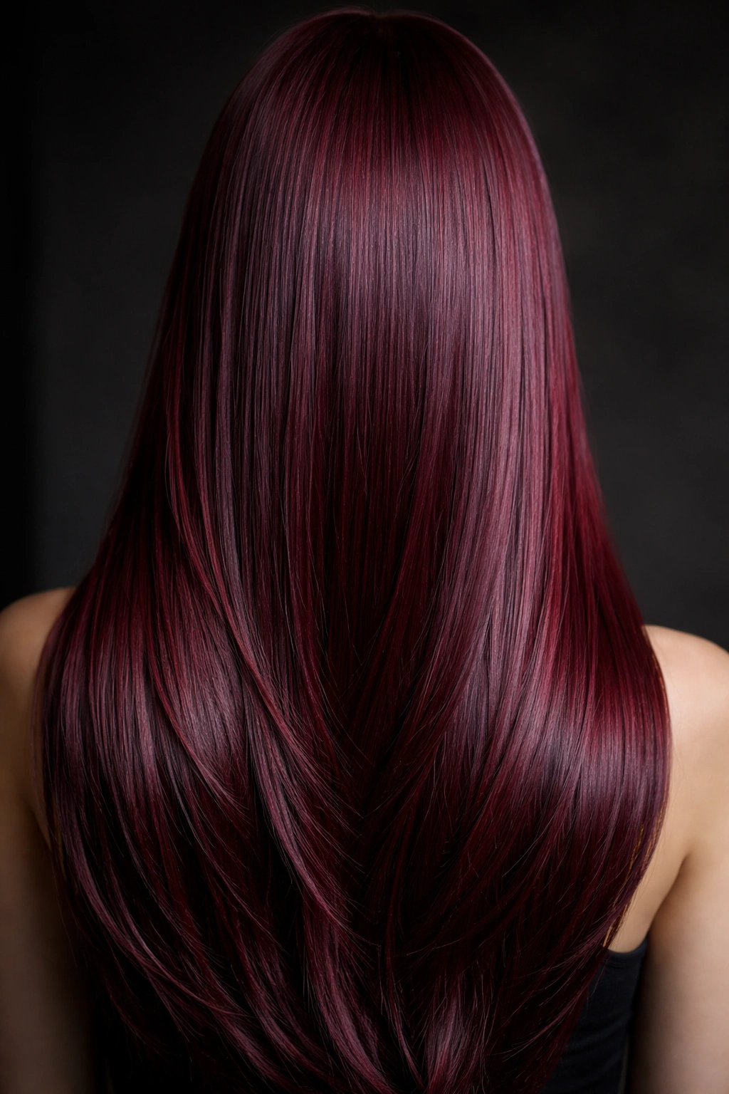 Close-up of straight hair in deep burgundy with red-purple tones.