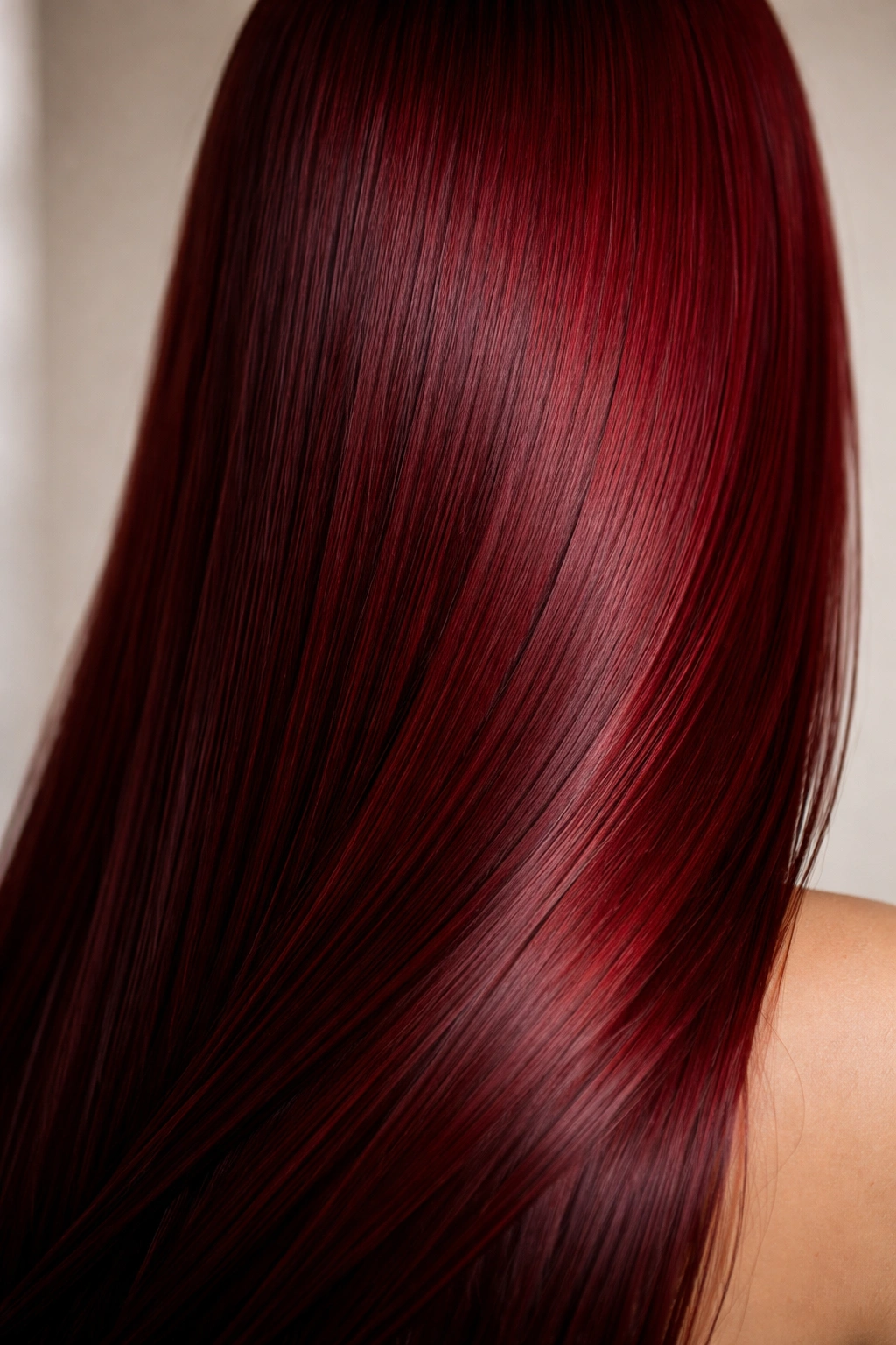 Close-up of straight hair dyed Classic Deep Crimson with jewel-tone depth and glossy finish
