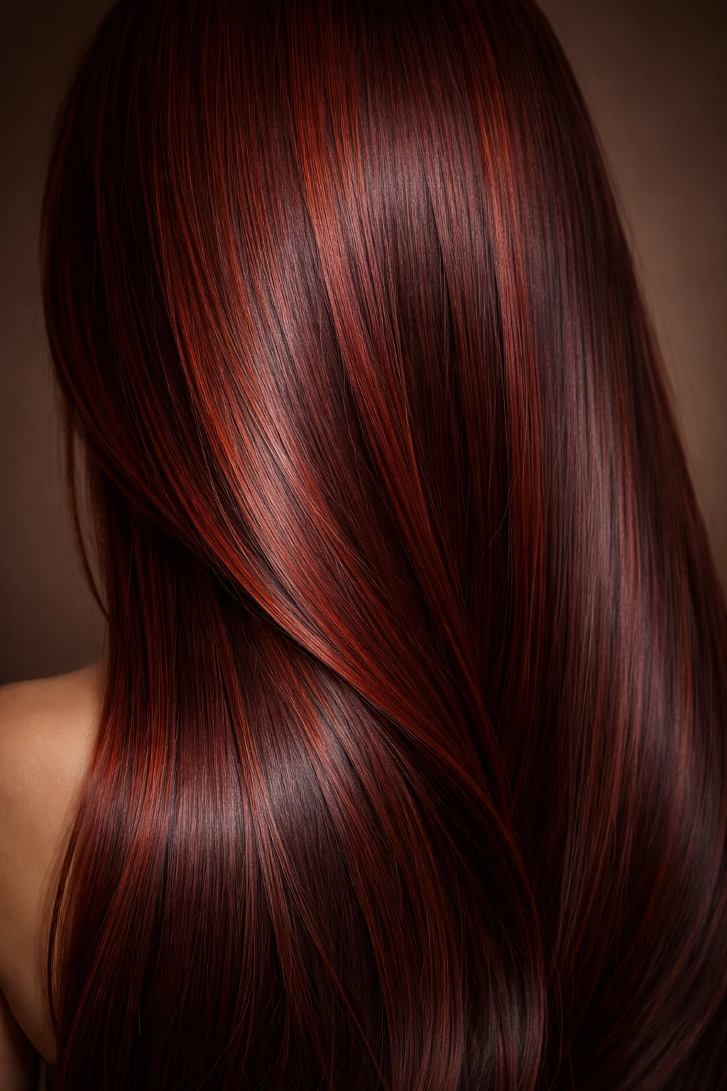 Straight hair with deep mahogany copper and burgundy-red undertones catching light