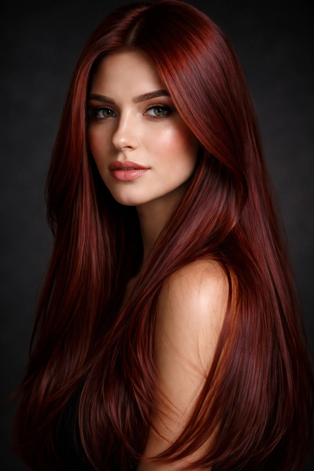 Close-up of deep mahogany ginger hair on straight strands with jewel-like depth