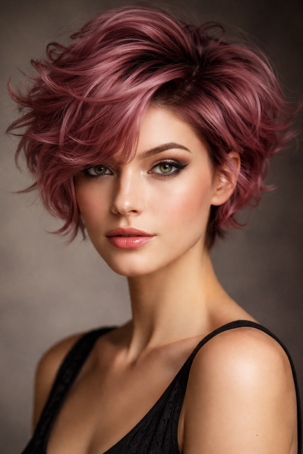Deep mauve pink short waves with crown volume in studio lighting