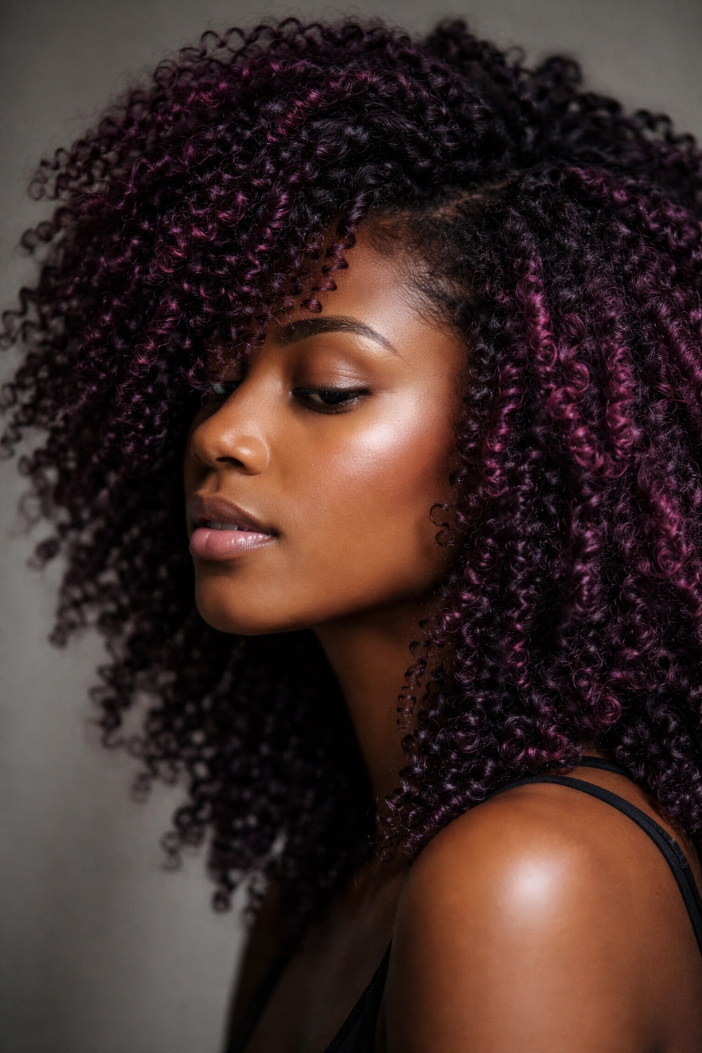 Close-up of coily hair dyed deep plum with jewel-like shading