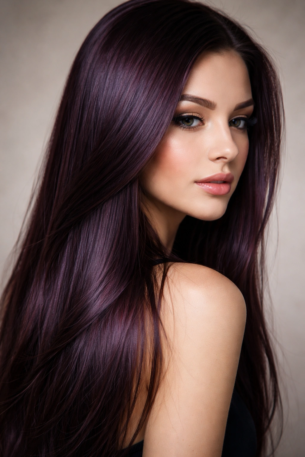 Deep plum straight hair with cool purplish-brown tones and jewel depth