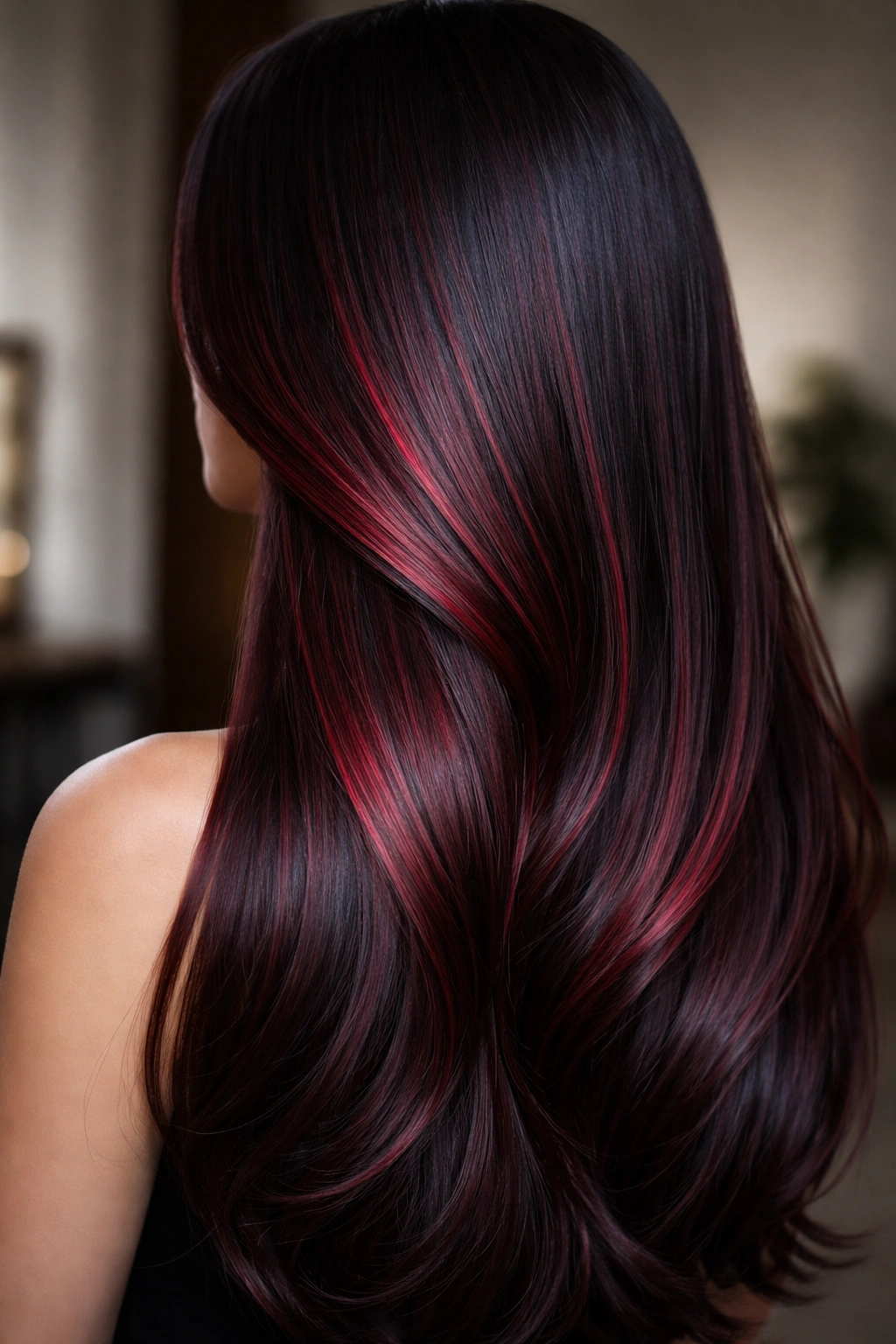 Close-up of straight hair with deep ruby dimensional balayage showing jewel tones