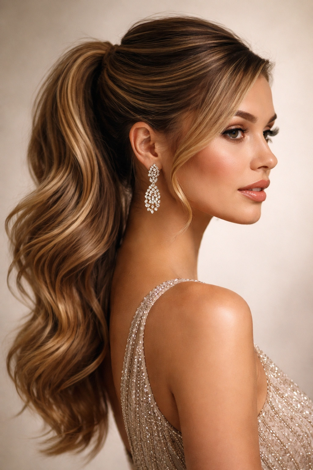 Asymmetrical deep side half-up hairstyle with pronounced volume on one side