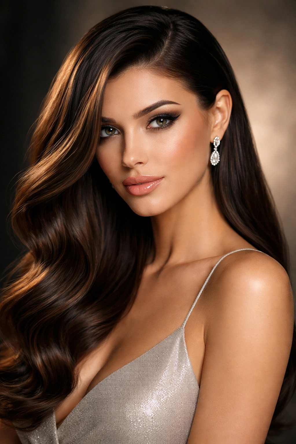 Deep side part with sleek asymmetrical waves on straight hair showing contrast between sides.