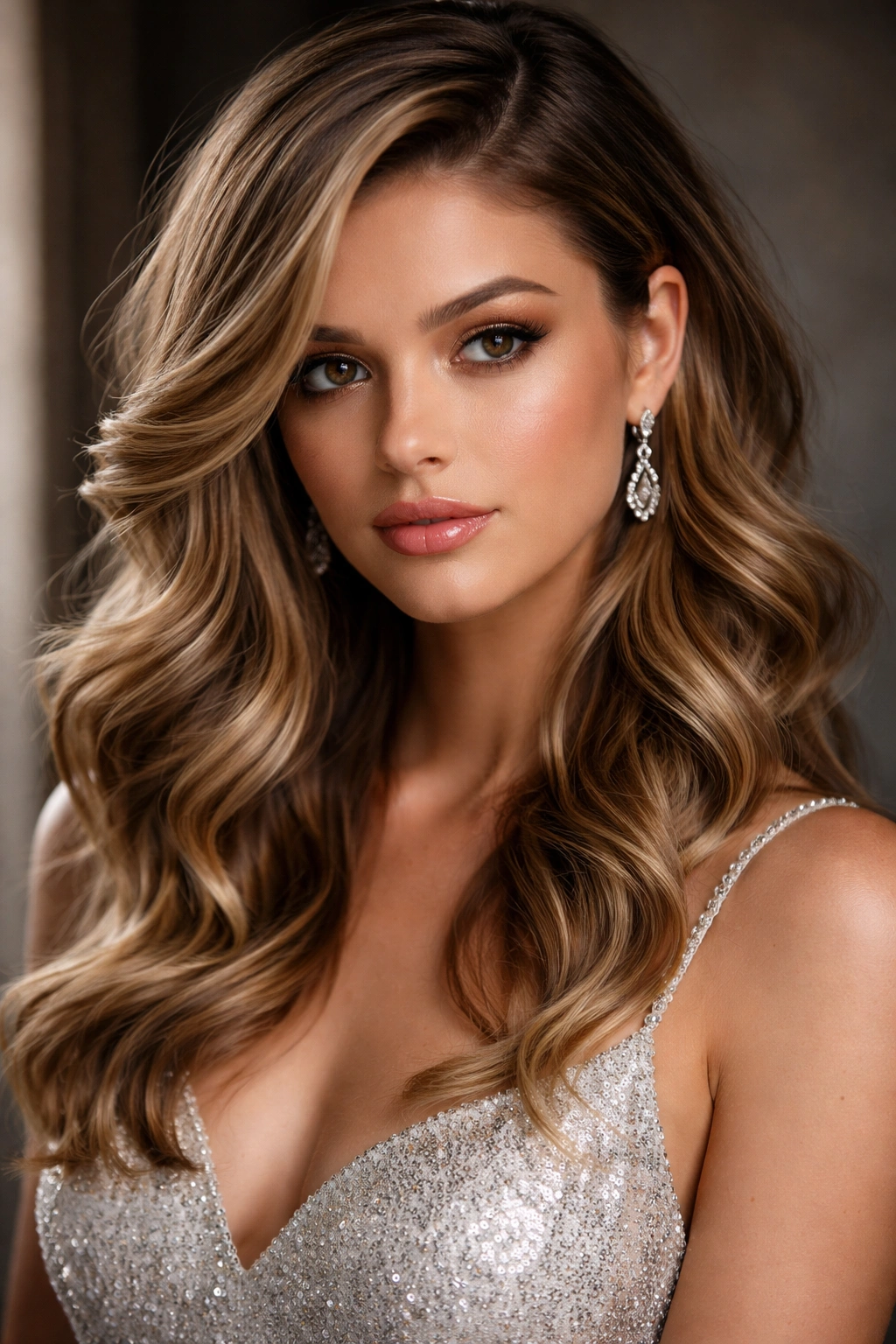 Deep side part with layered waves creating asymmetrical, voluminous look
