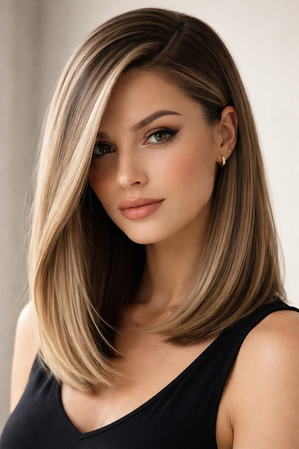 Deep side-part lob with hair swept to one side in a sleek straight style