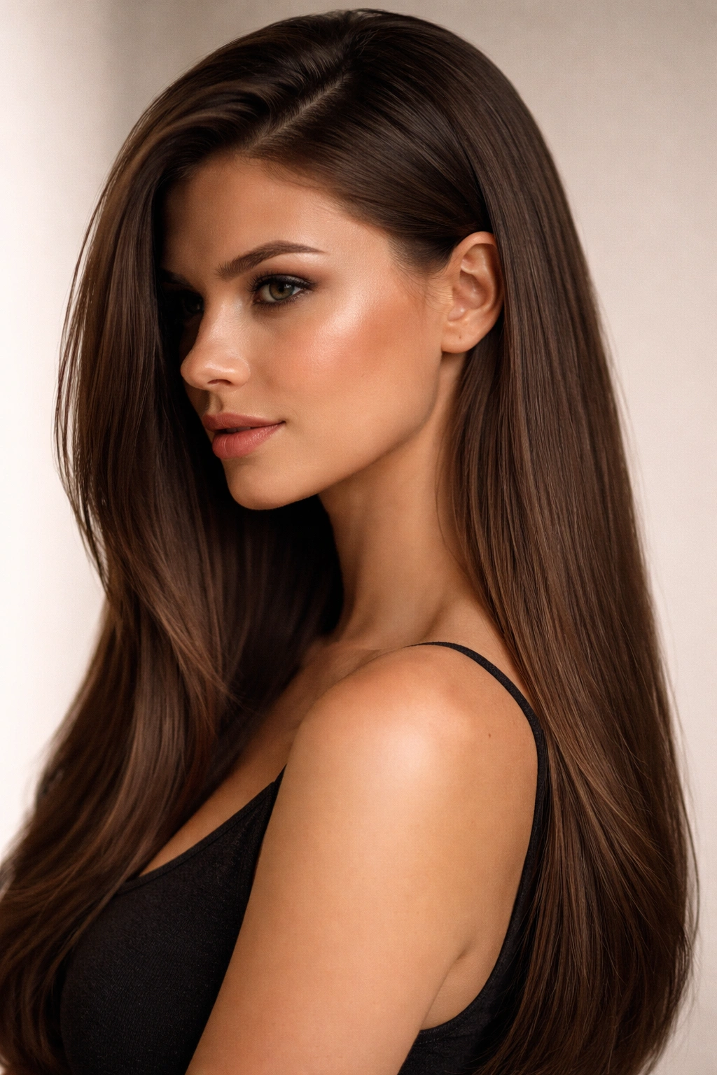 Long straight hair with a deep side part and tucked behind ear