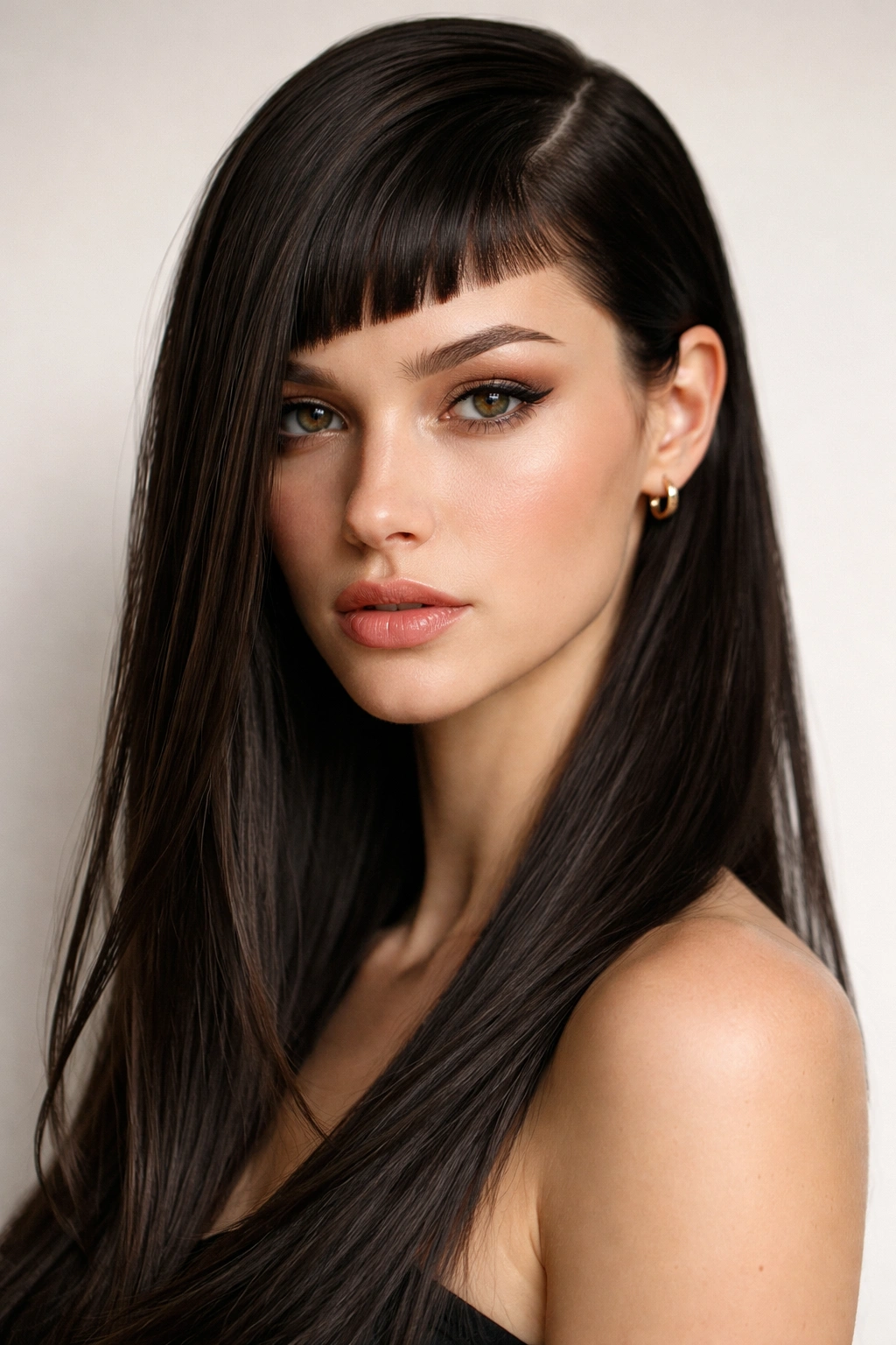 Portrait with deep side part and micro bangs on straight hair.