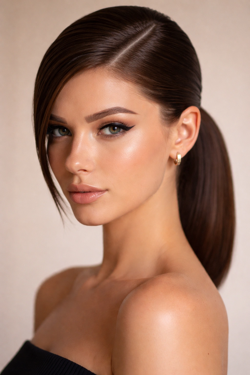 Close-up of Deep Side Part Pony showing dramatic part and sleek pony