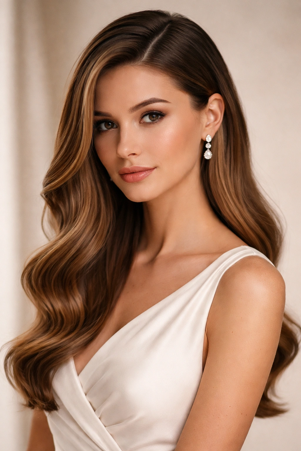 Deep side part with soft waves on straight hair