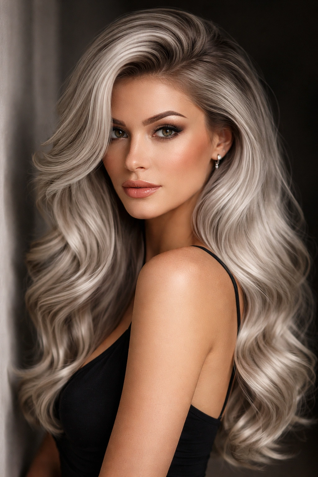 Silver hair with deep side part, crown volume, and cascading waves.