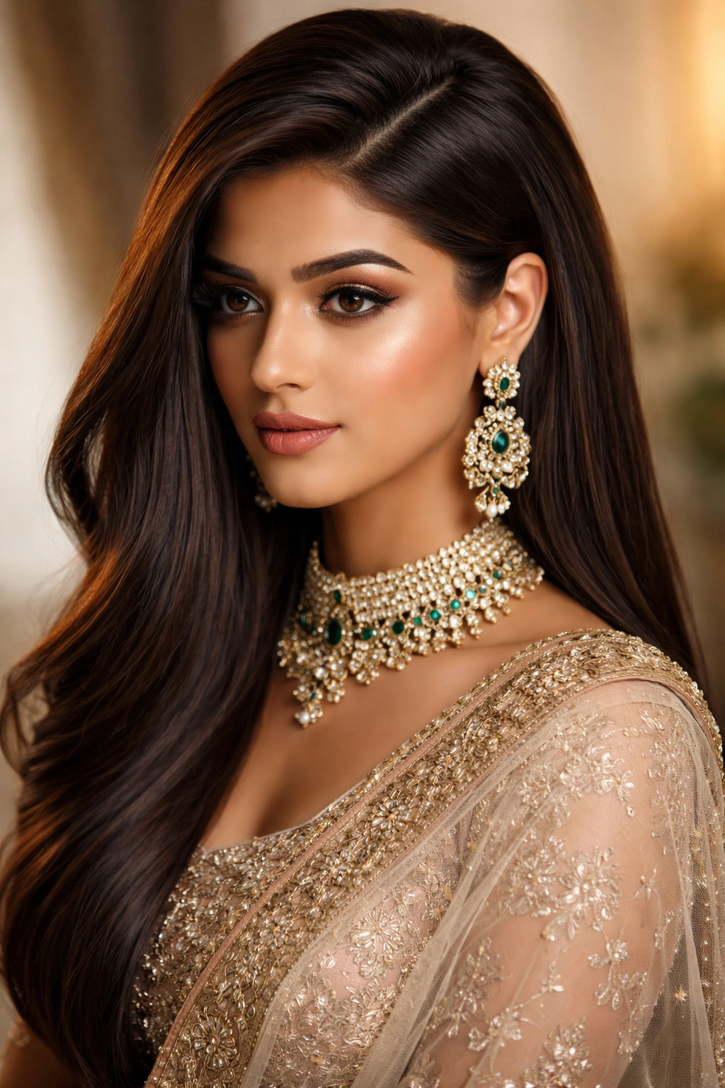 Close-up of a deep-side-parted volume hairstyle on straight hair against a neutral studio backdrop