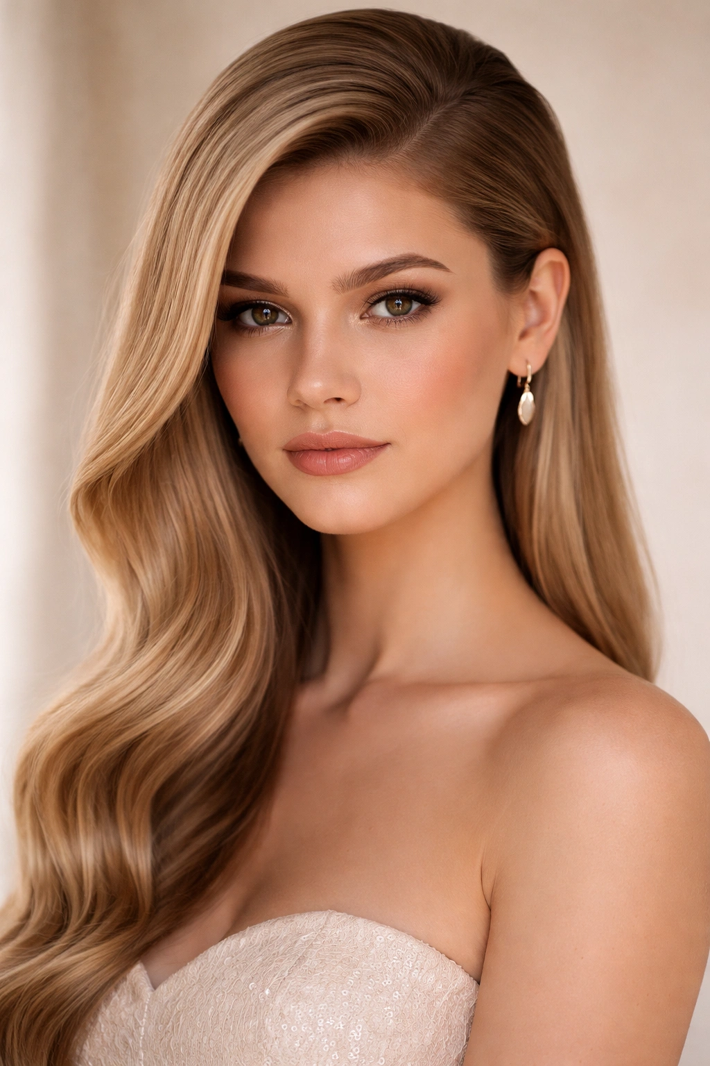Head-and-shoulders of straight hair with deep side part and volume at crown