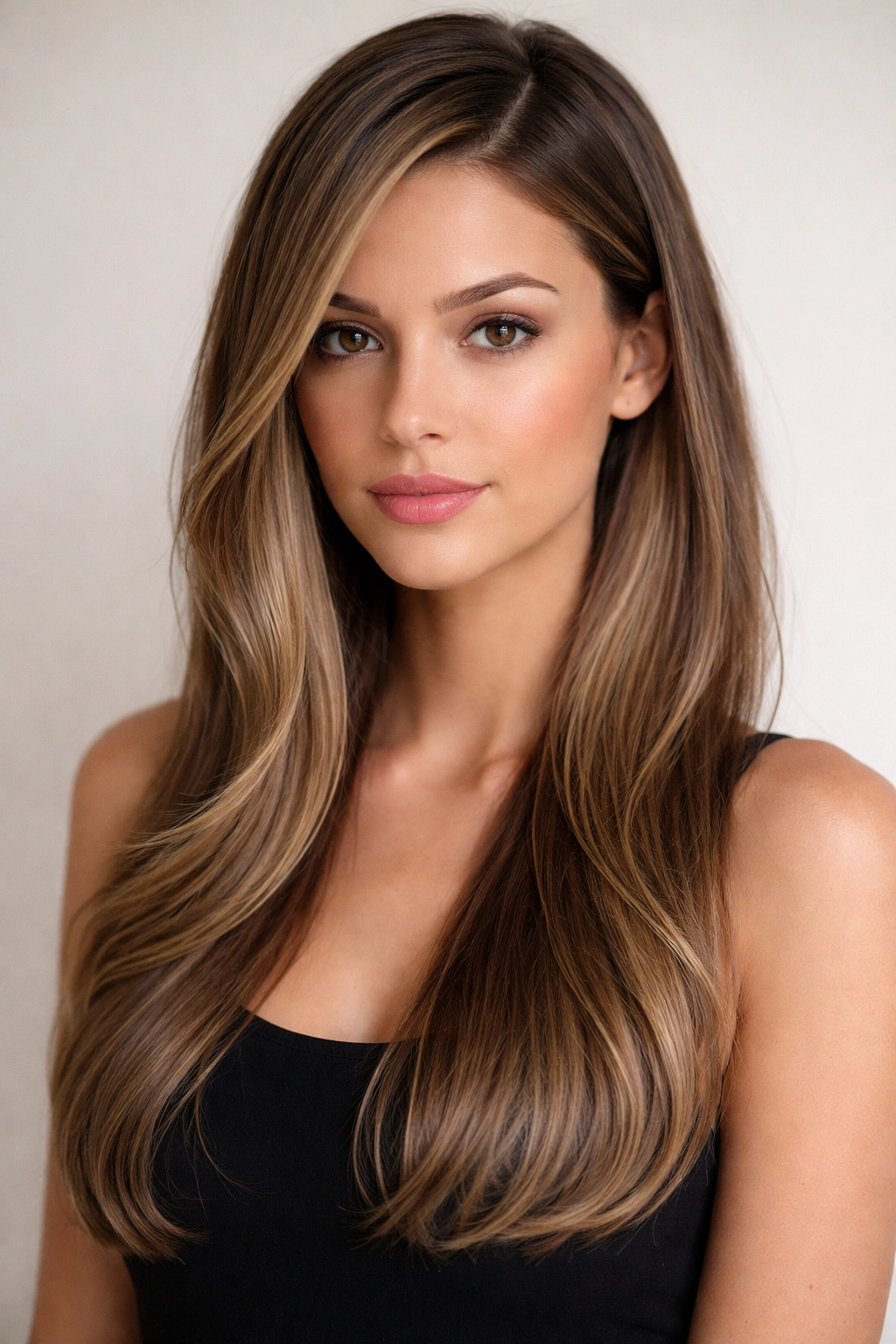 Deep side part with subtle waves on straight hair.