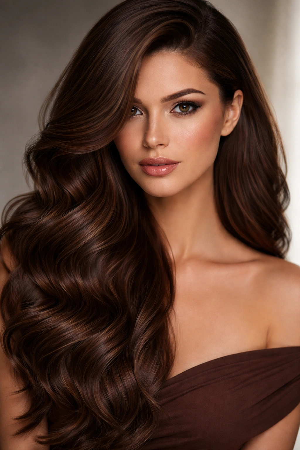 Chocolate brown hair with deep side part and dramatic waves