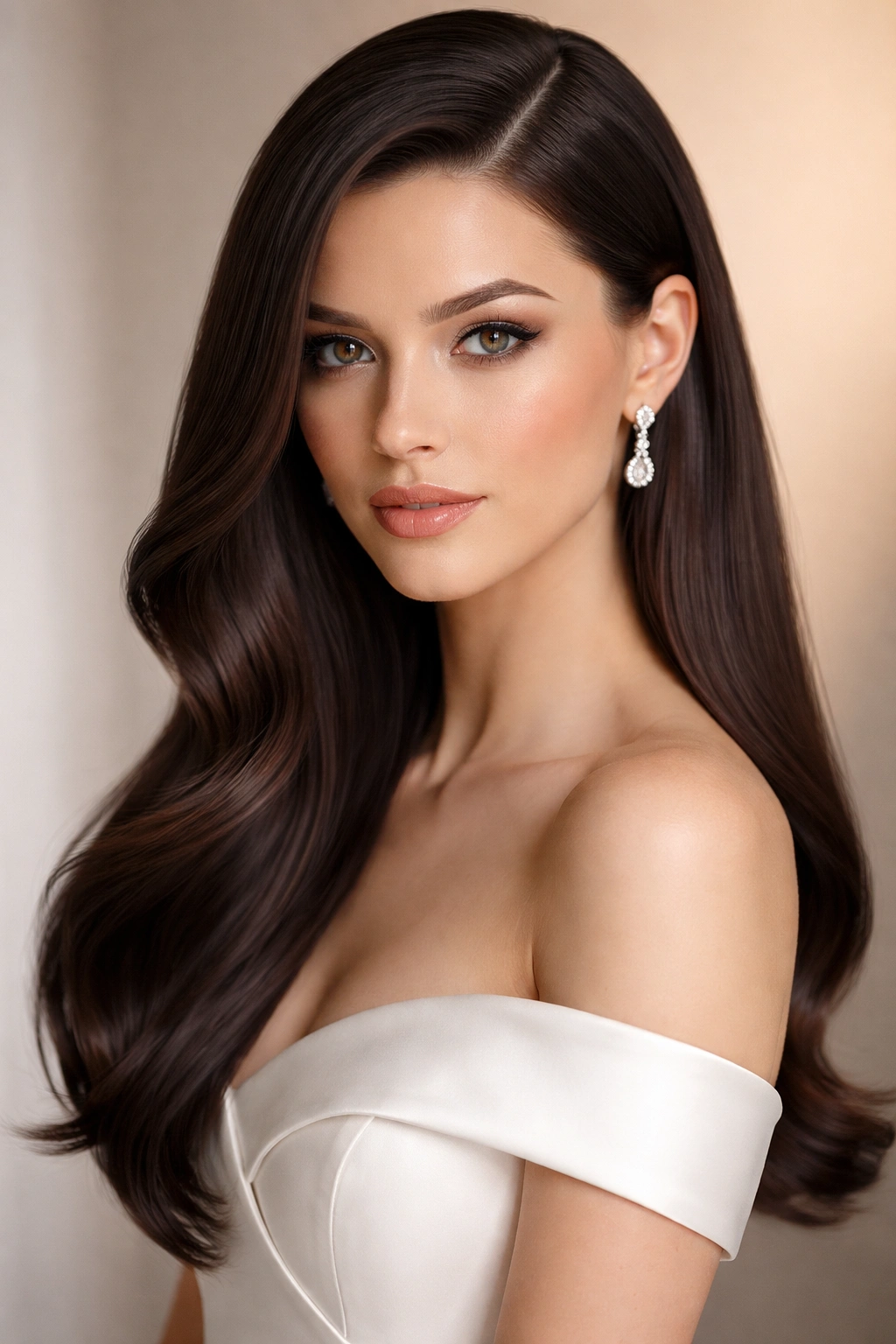 Deep side part with face-framing waves in straight hair, formal look