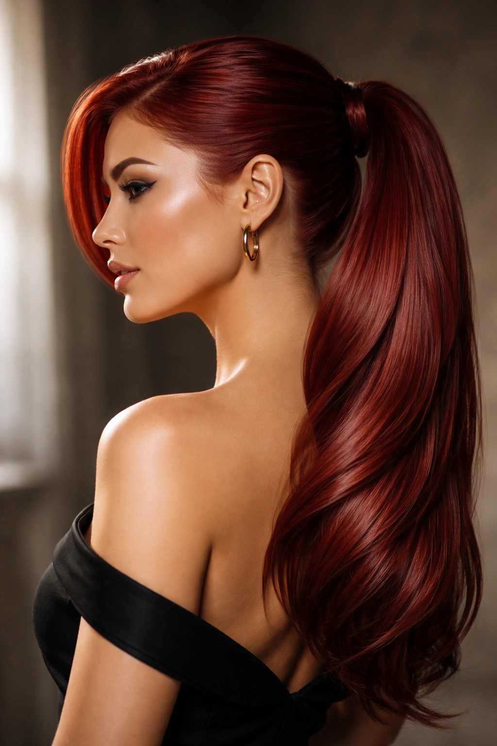 Profile view of a model with a deep side ponytail and red hair catching light