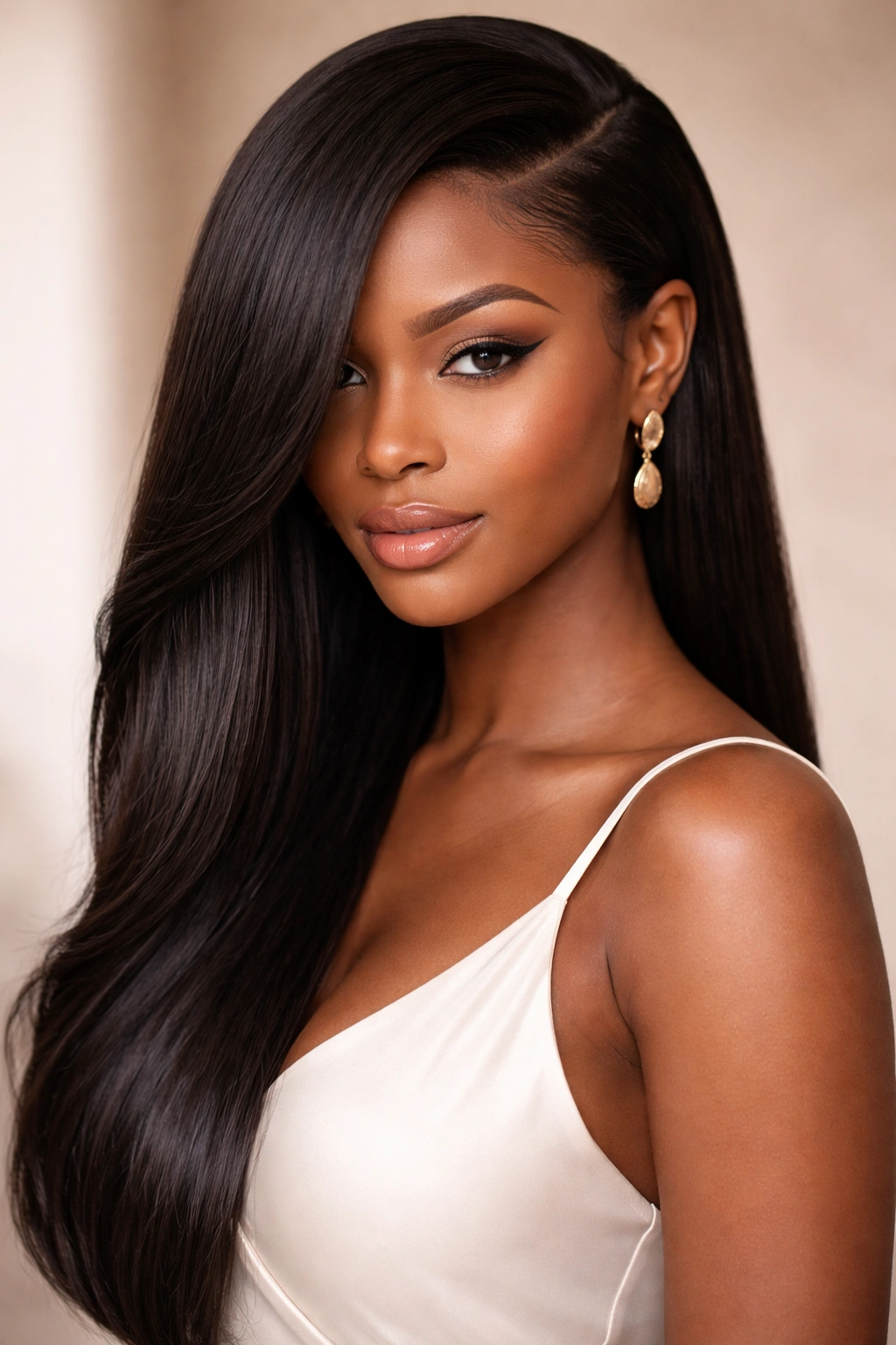 Dramatic deep side sweep hairstyle with long swept section