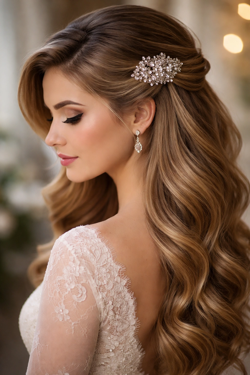 Deep side-swept half-up hairstyle secured with ornate vintage brooch