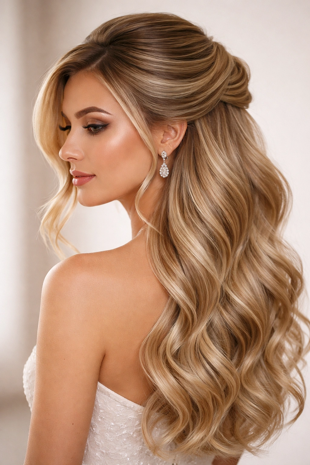 Deep side-swept half-up hairstyle with seamless extensions