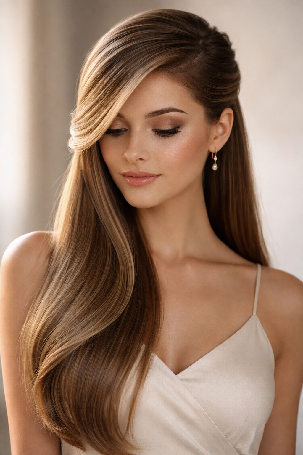Dramatic deep side swoop sweeping hair across the head