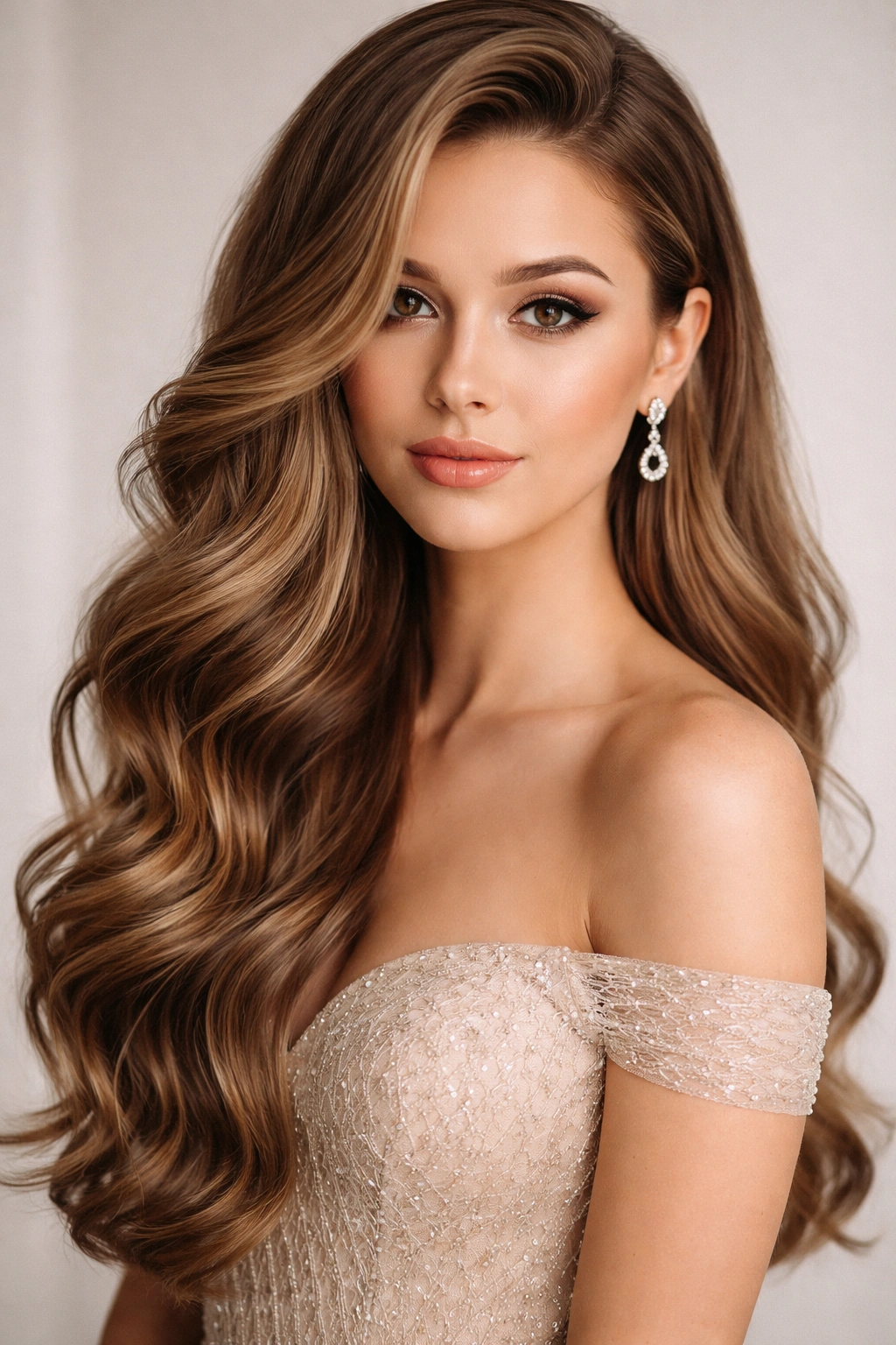 Deep side part with cascading waves over one shoulder