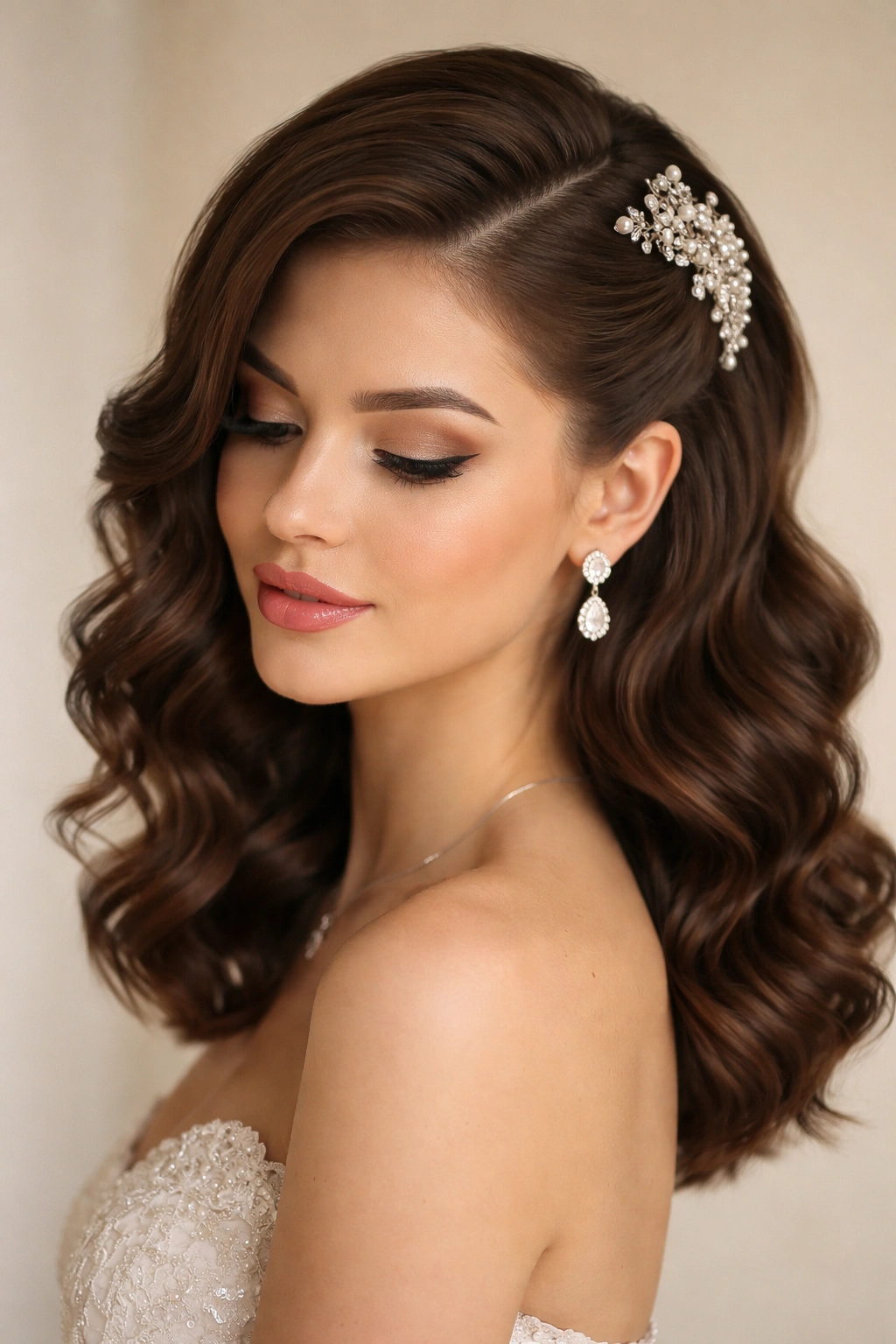 Deep waves with a dramatic side part and half-up section