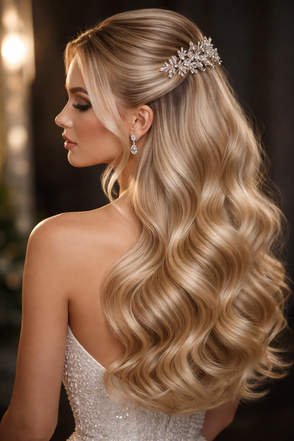 Portrait of a blonde model with Hollywood glam deep waves and a jeweled crown clip