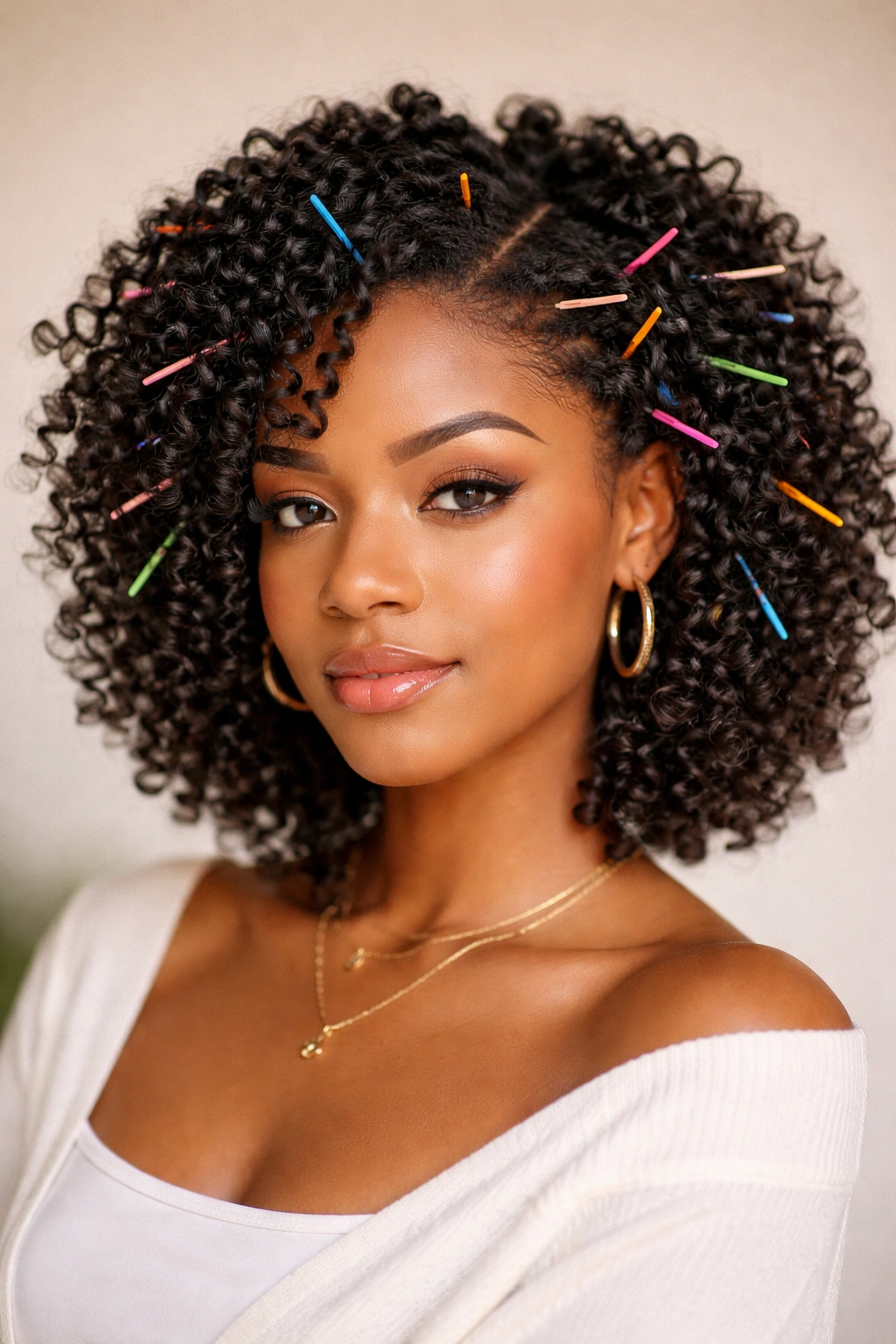 Defined coil-out with colorful bobby pins highlighting well-defined coils