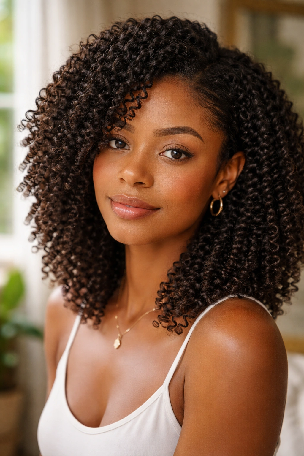 Close-up of defined, moisturized coils with curl pattern