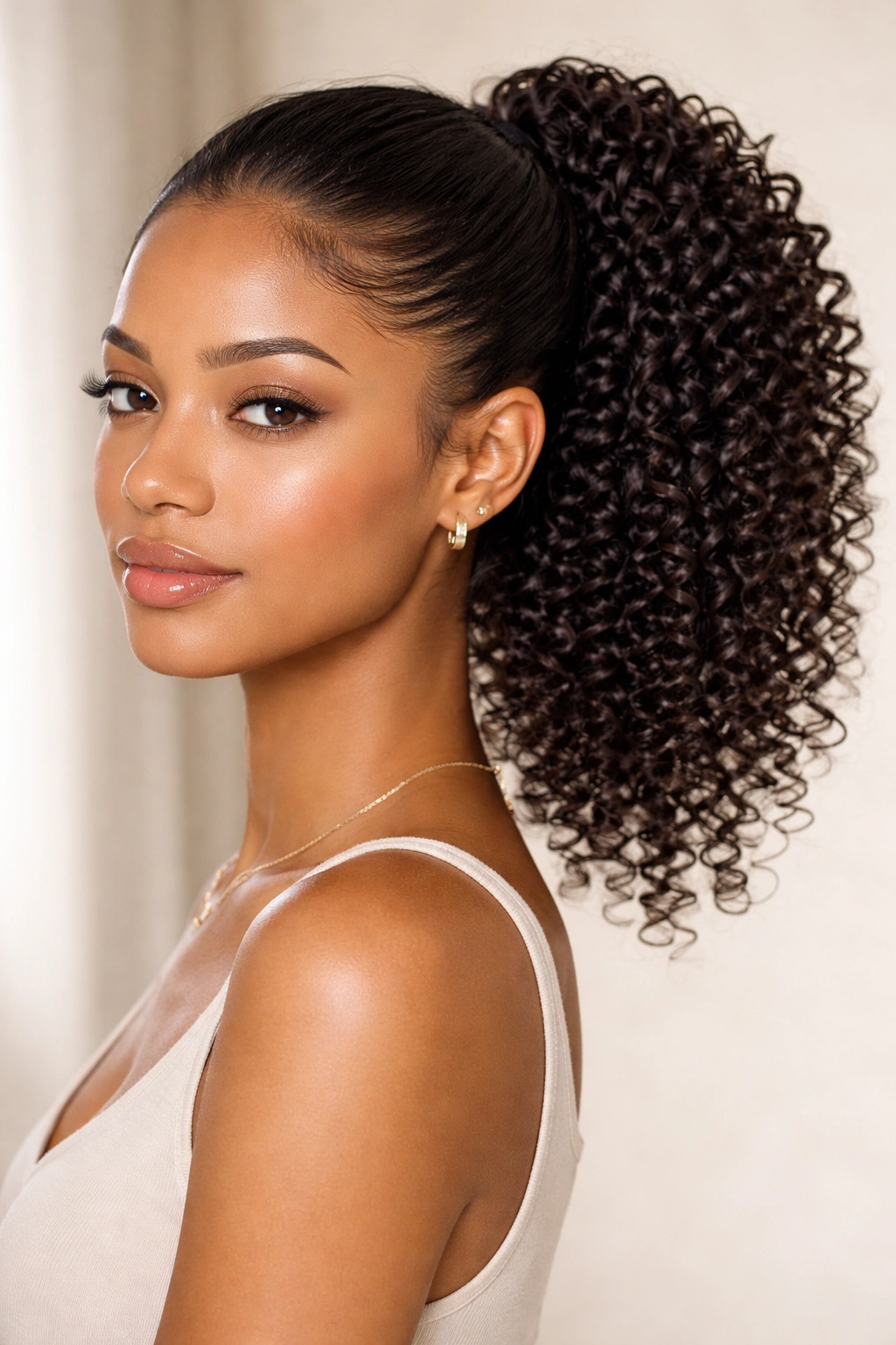 Front view of a defined coil ponytail with gel showing tight curls and clear definition