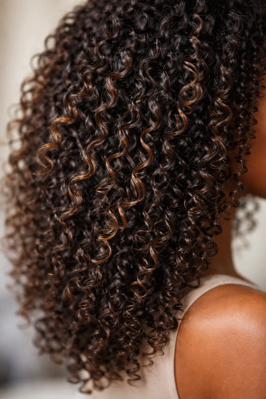 Close-up of defined coils with lightweight cream on hydrated hair