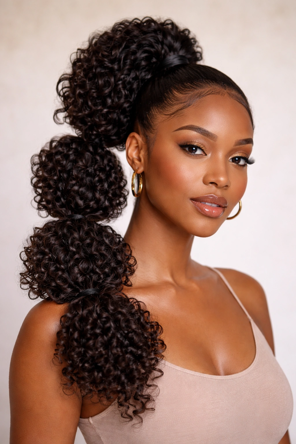 Bubble ponytail with defined curls throughout