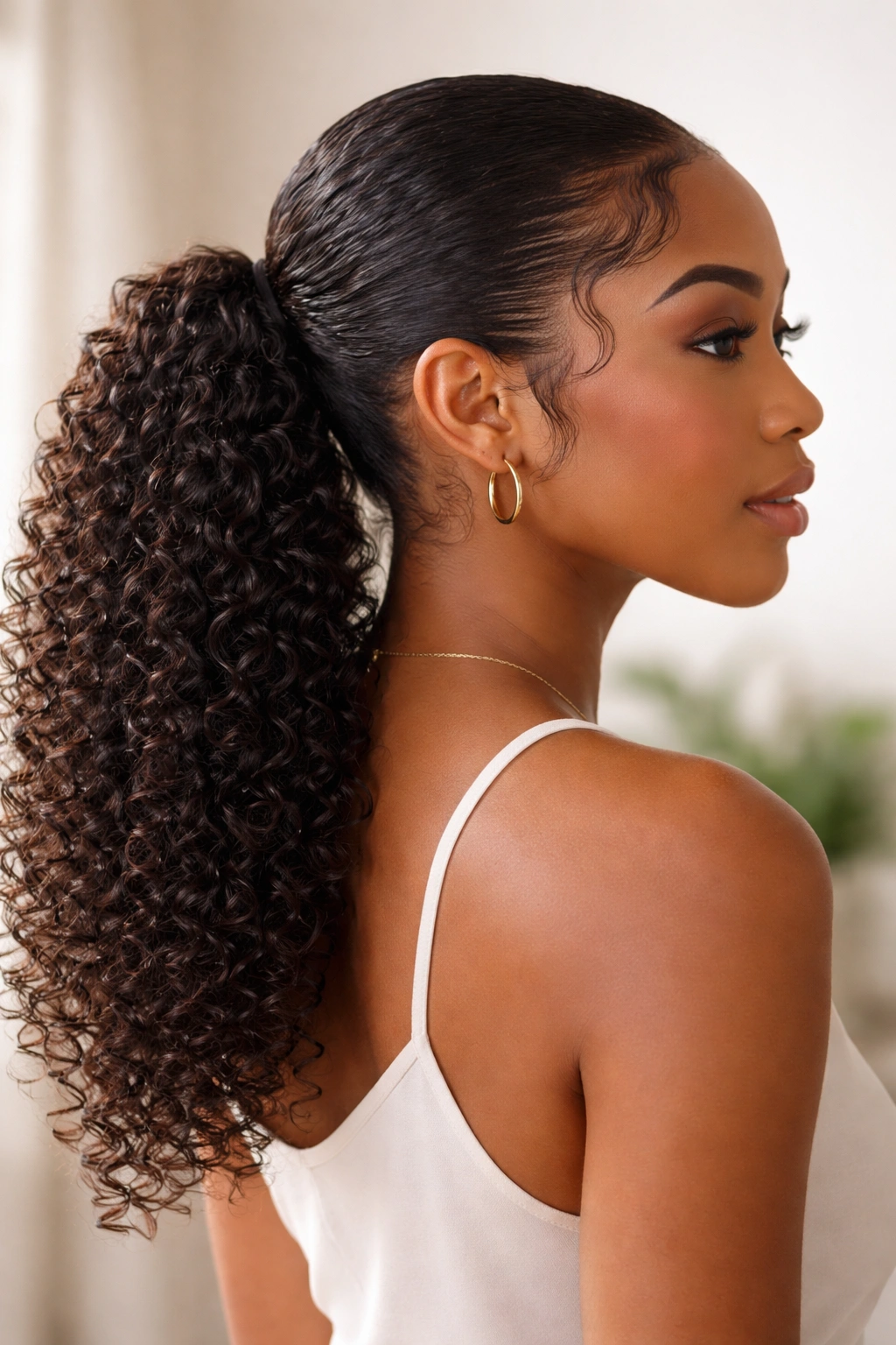 Low ponytail with defined curls cascading from the base.