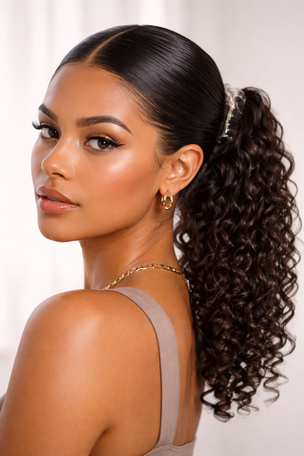 Slicked-back middle-part ponytail with defined curls held by a claw clip.