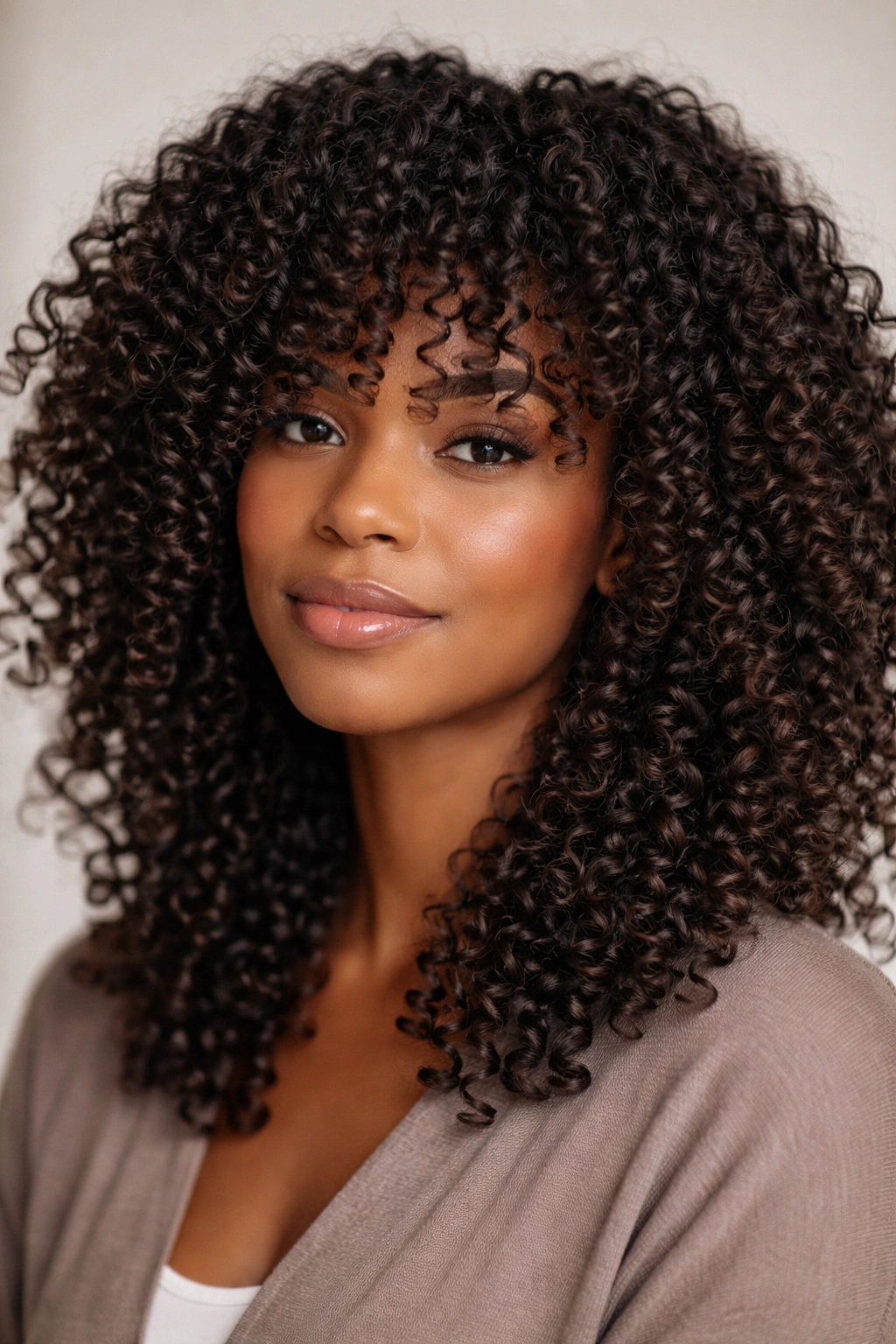 Close-up of defined curl clumps with separation layers in coily hair