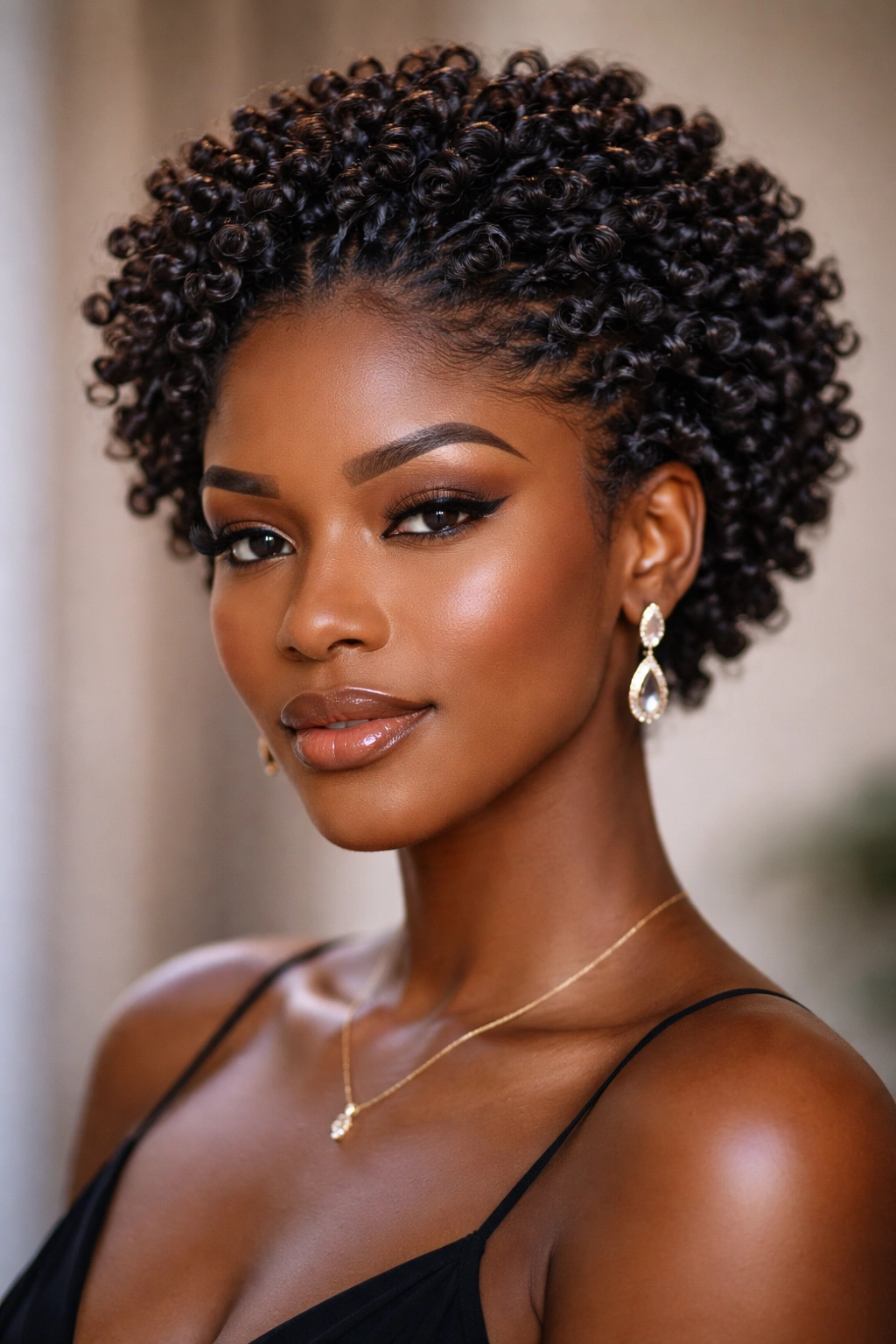 Defined spiral crown of glossy coily curls framing the face