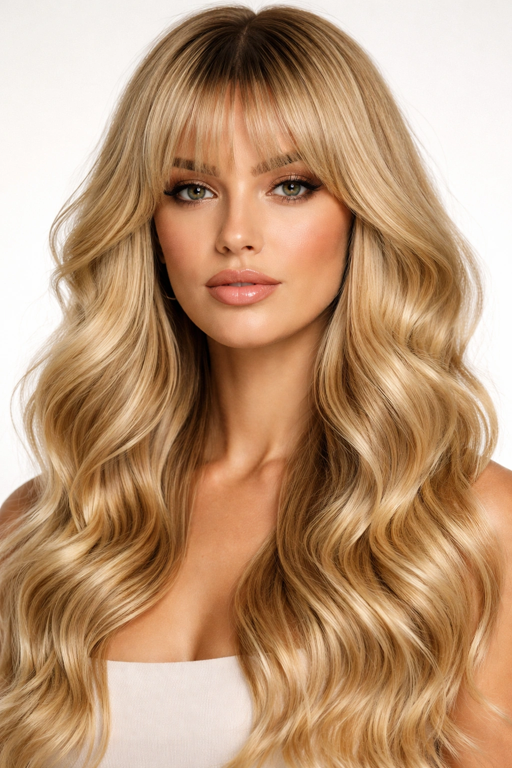 Defined waves with blunt curtain bangs close-up on blonde hair