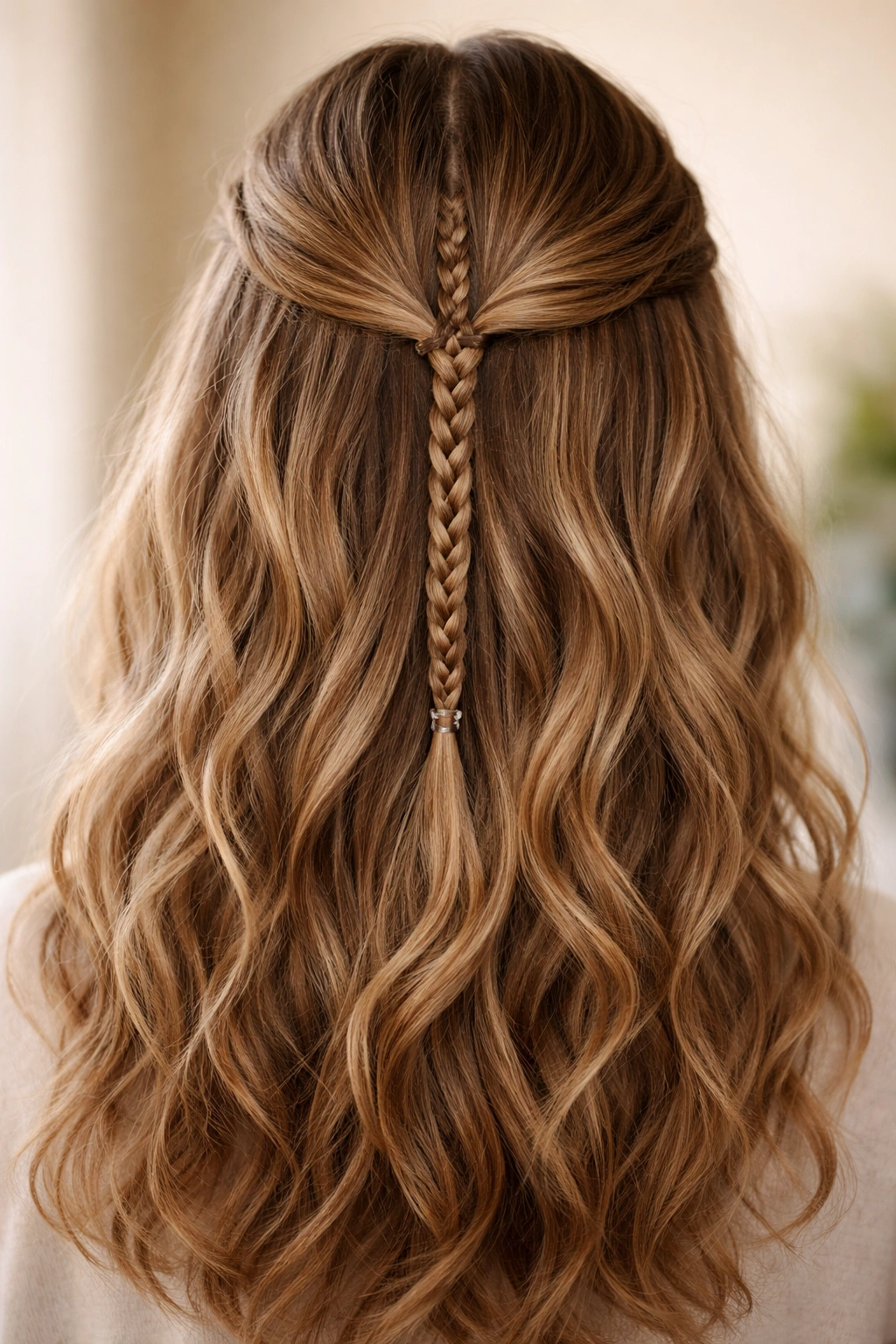 Close-up of center-parted wavy hair with a delicate three-strand braid