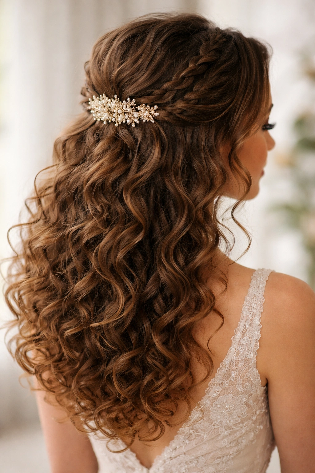 Goddess Half-Up with Delicate Braids hairstyle on curly hair.