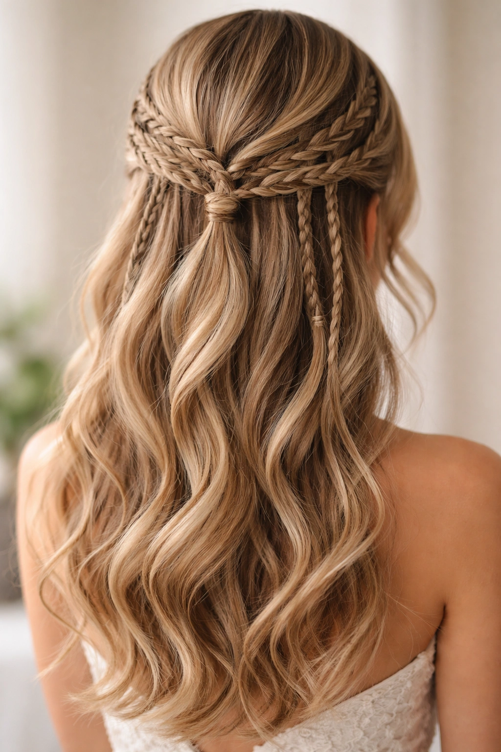 Close-up of a formal hairstyle with multiple thin braids half-up on voluminous hair