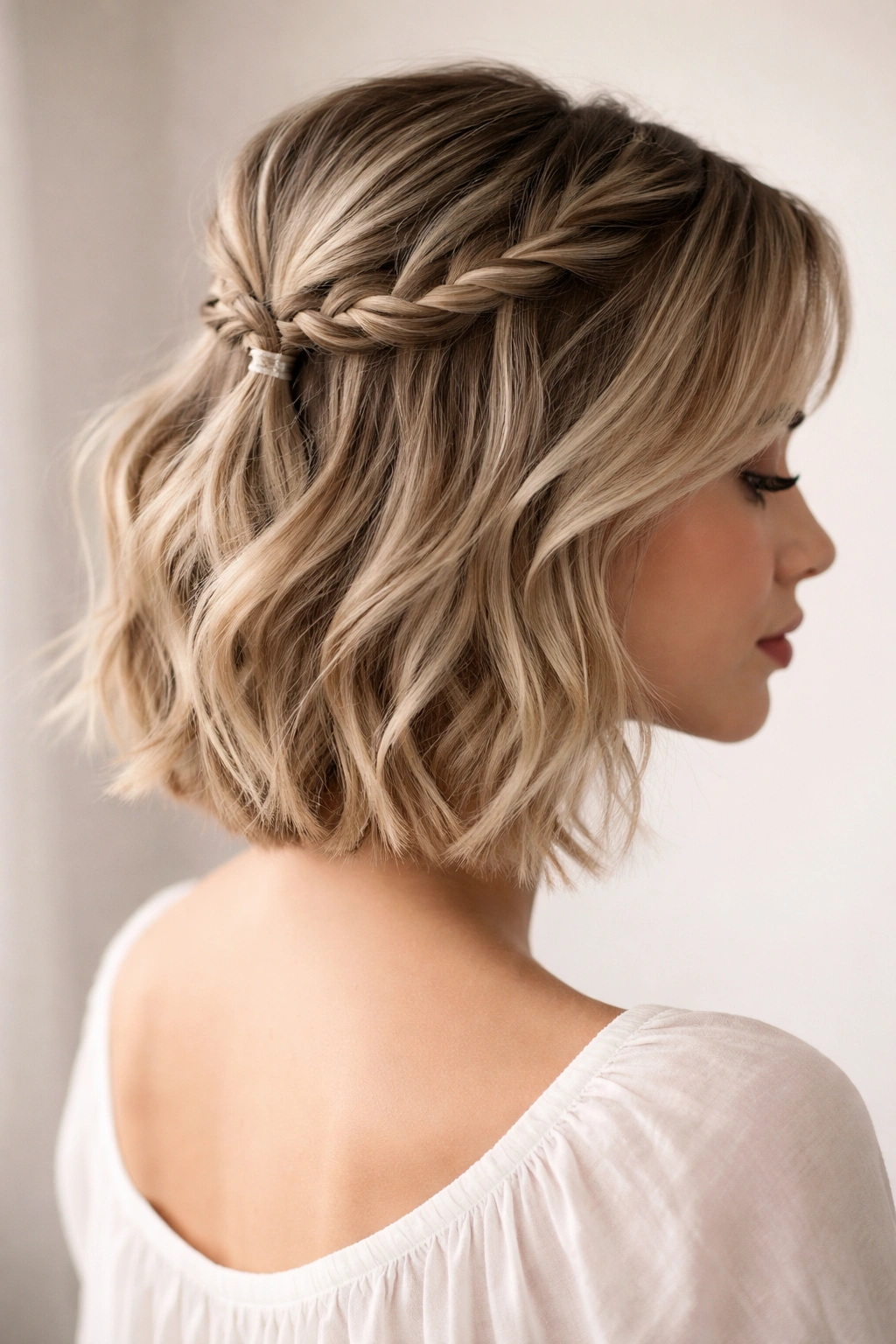 Half-up hairstyle on a short wig with two delicate braids at crown
